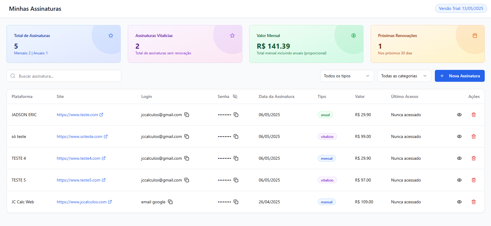 Gerenciamento de assinaturas